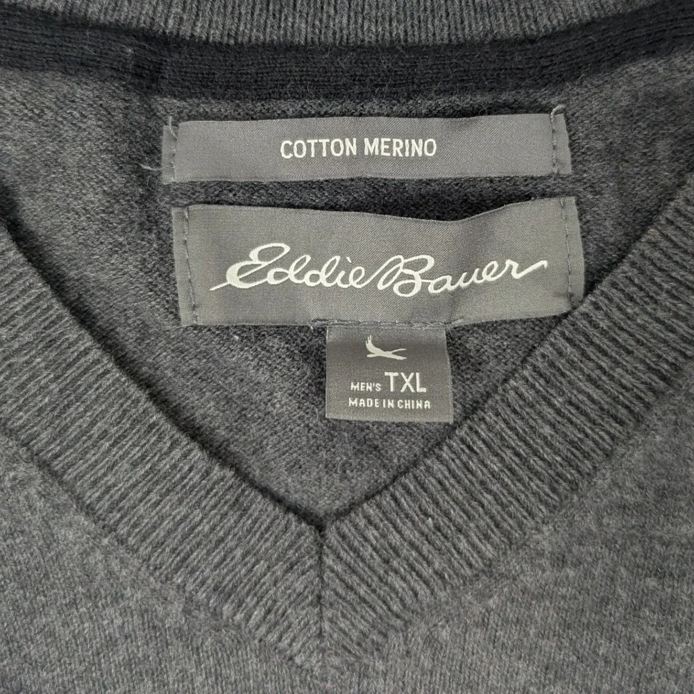 Eddie Bauer Mens TXL Charcoal Gray Cotton Merino Wool V-Neck Sweater Tall XL - Picture 2 of 11